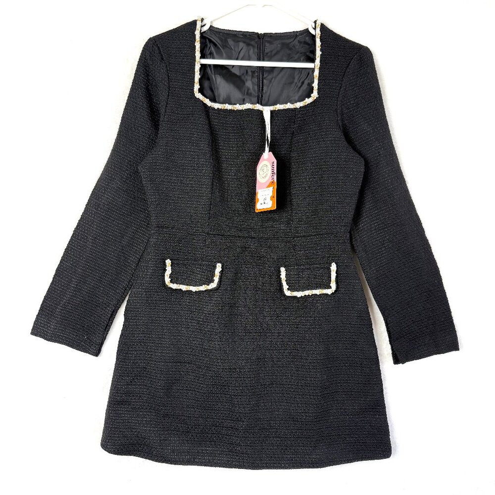 Sunfere Camilla Square Neck Tweed Pearl Trim Mini Dress Womens M Black NEW